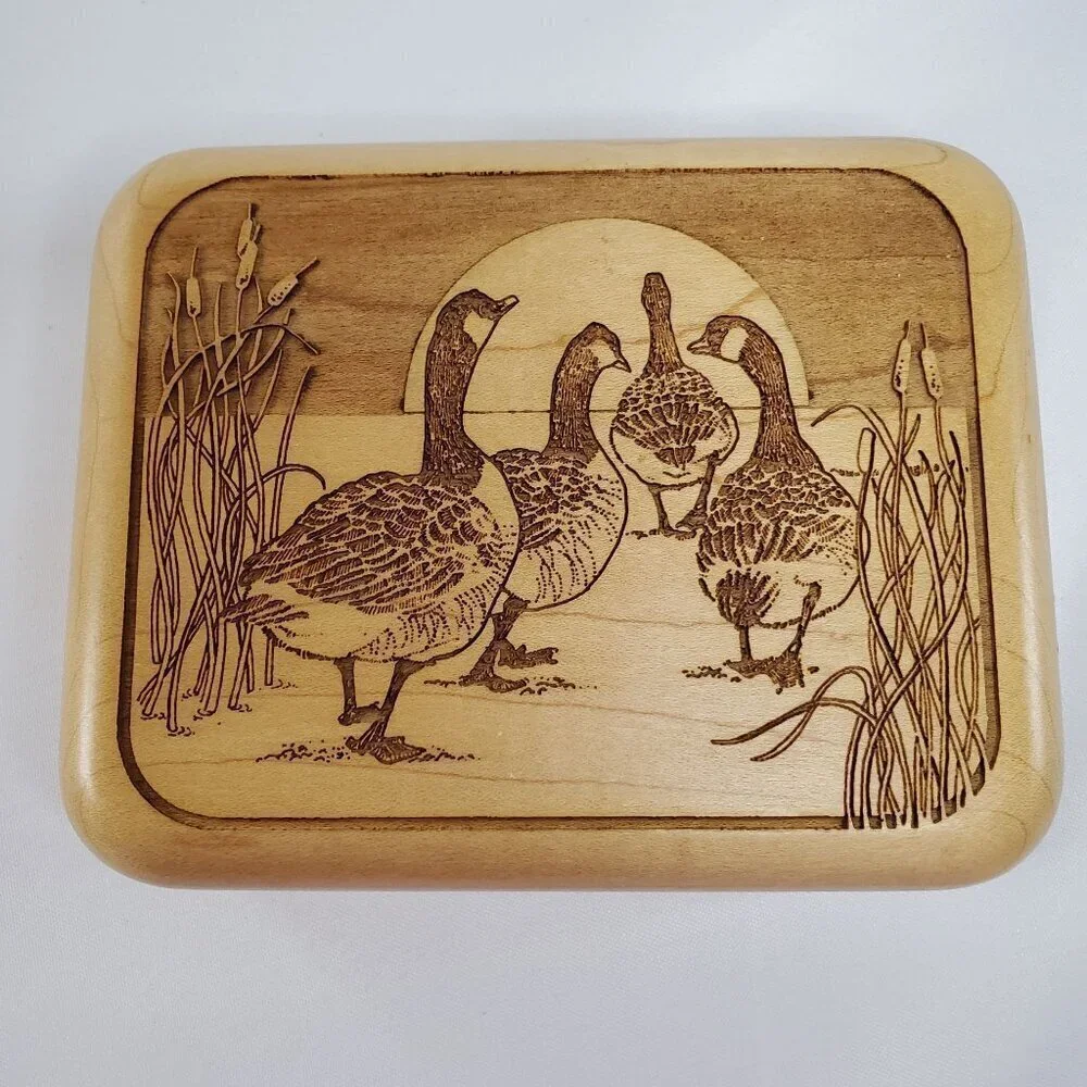 VTG Laz-Art Laser Etched Handcrafted Wood Lidded Jewelry Box Trinket Geese